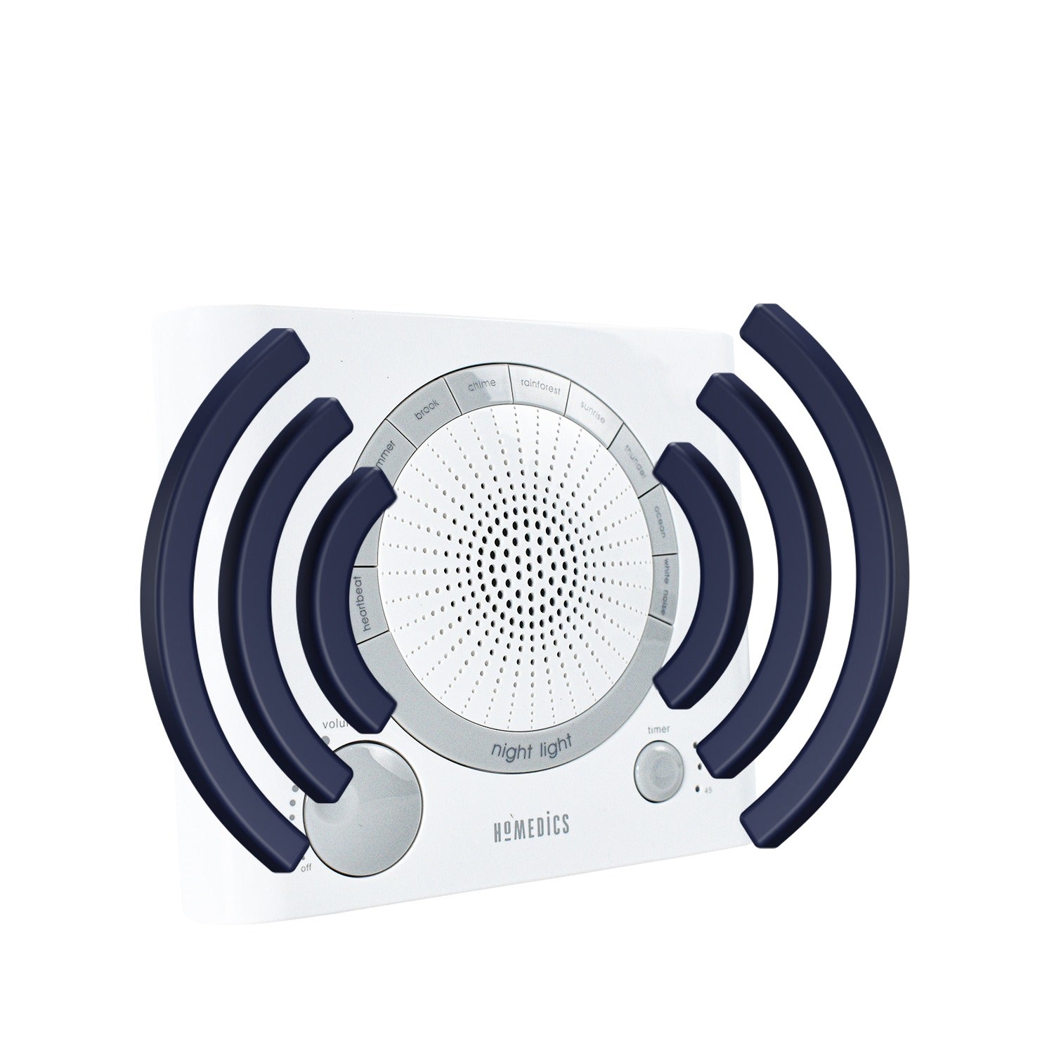 Sleep therapy machine with visible control panel and sound settings. Sleep therapy machine with visible control panel and sound settings.